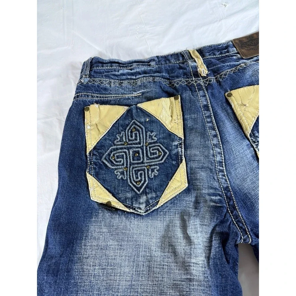 Akademiks Mens Denim Shorts‎ 38 Blue Embroidered Leather Trim Y2K Baggy Hip Hop